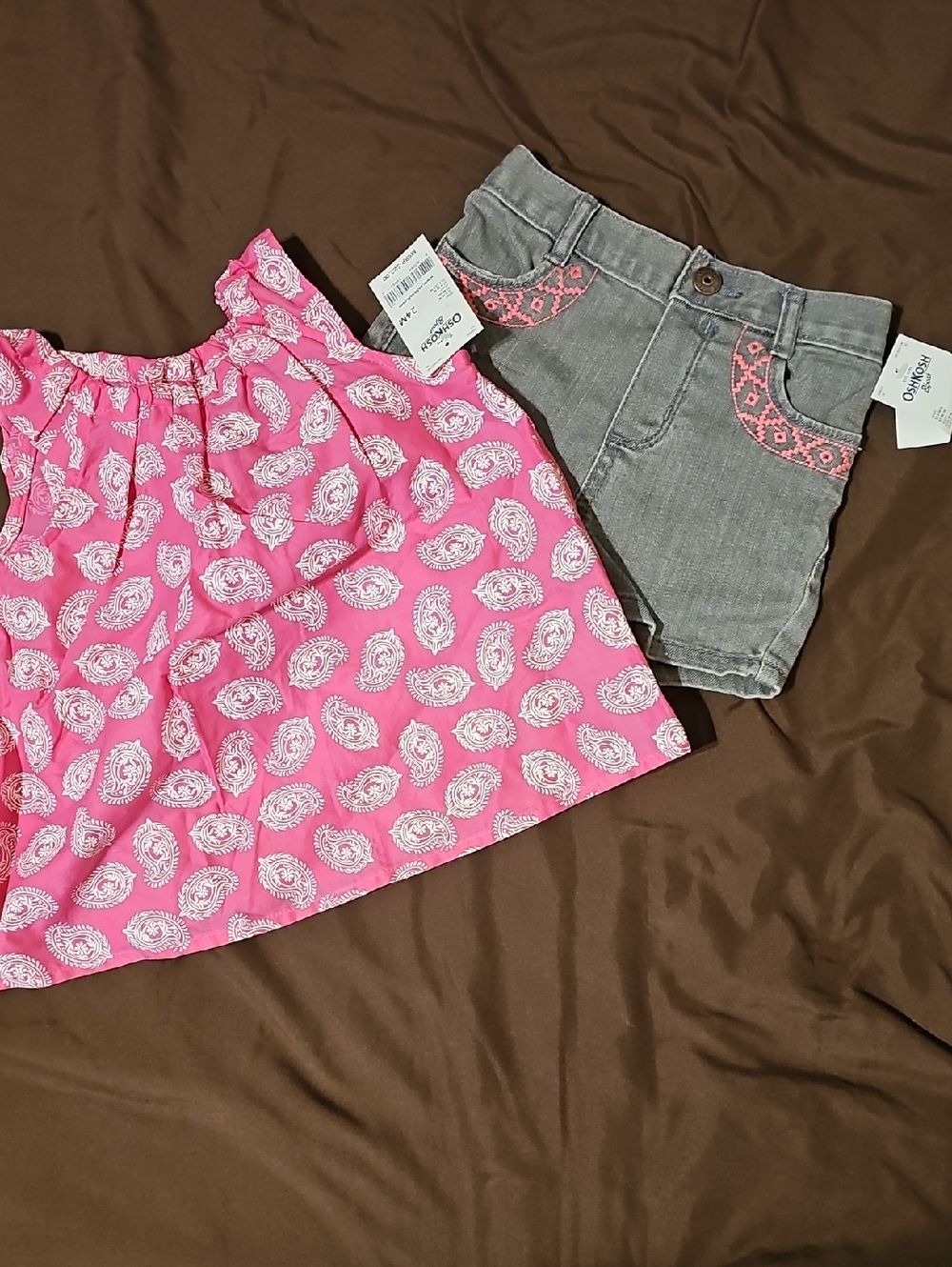 OshKosh B'gosh Pink Patterned Skirt with 1 Pair Gray + Extra Pair Denim Shorts